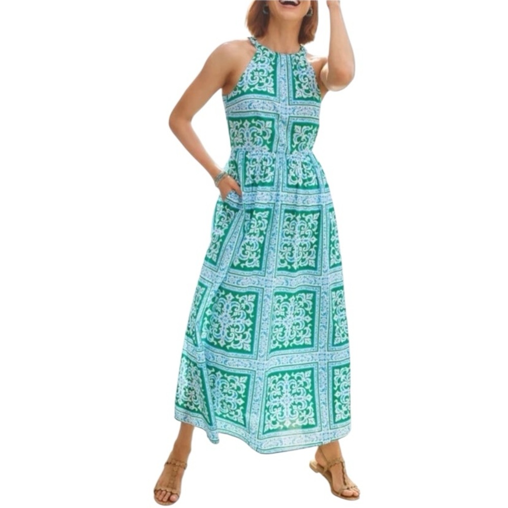Talbots Green & White Patterned Halter Sleeveless Colorful Summer Maxi Dress